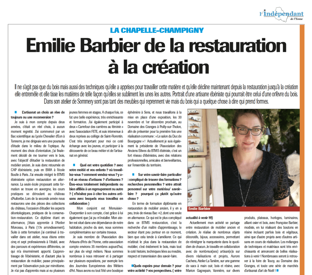 L'indépendant de l'Yonne - Emilie Barbier de la restauration à la création